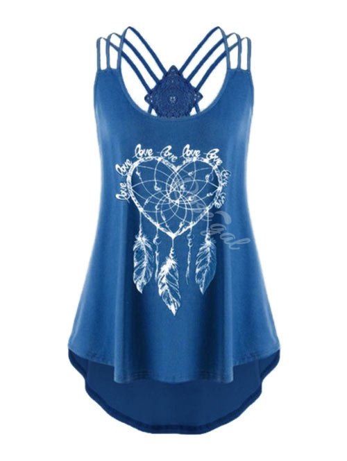 

Plus Size Strappy Feather Print High Low Tank Top, Blueberry blue