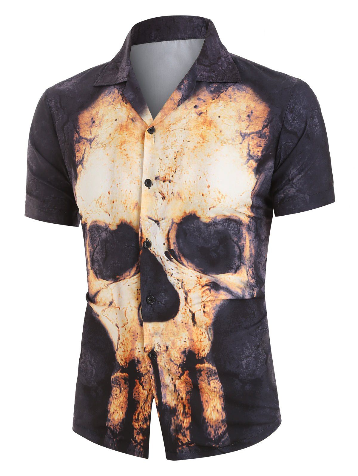 

Skull Print Button Up Short Sleeve Shirt, Black