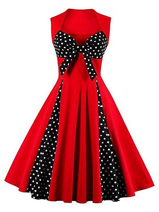 

Polka Dot Panel Bowknot Sleeveless Dress, Lava red