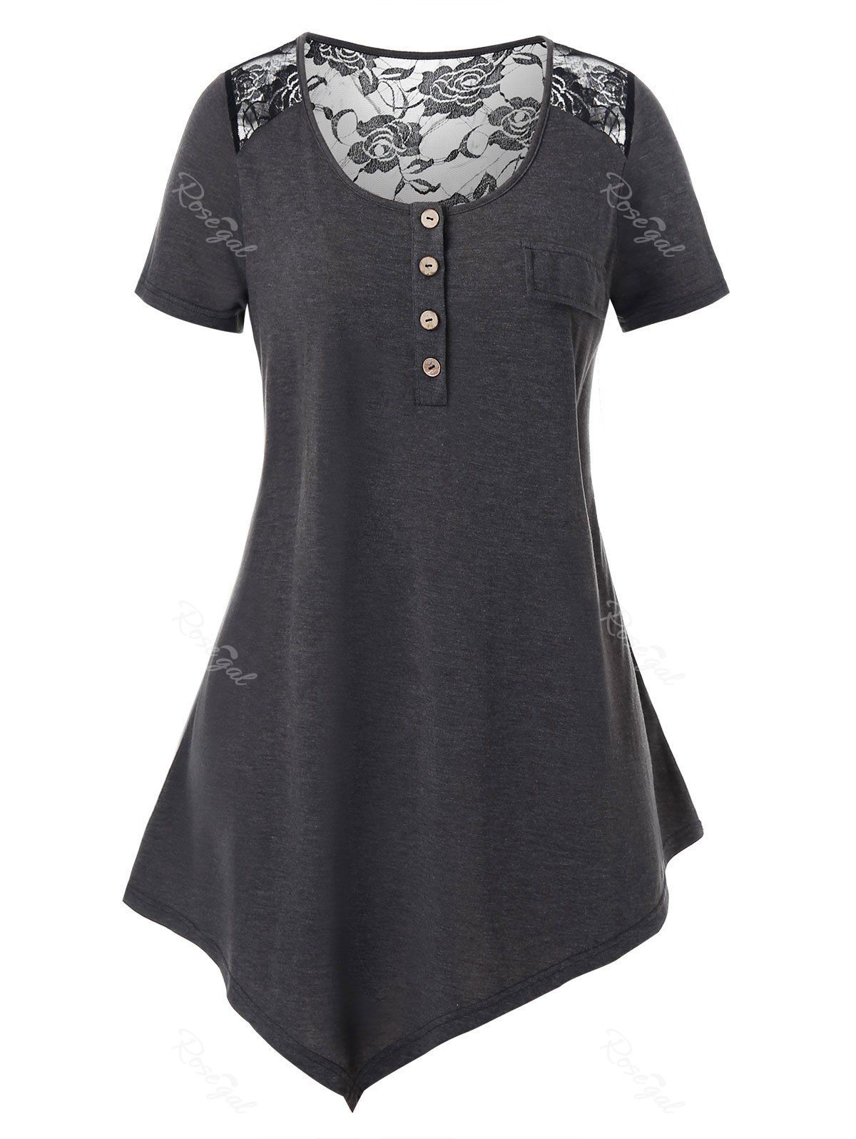 

Plus Size Lace Panel Asymmetric Button T Shirt, Ash gray
