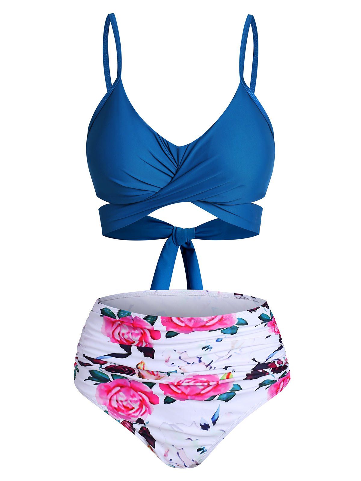 

Crisscross Flower Tummy Control Bikini Swimwear, Blueberry blue