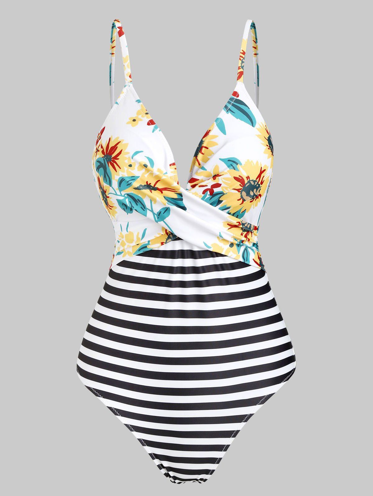 

Flower Striped Crossed Cami One-piece Swimsuit, Multi