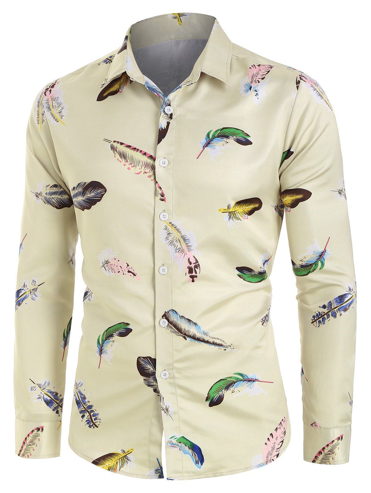 

Feather Print Button Up Satin Shirt, Multi