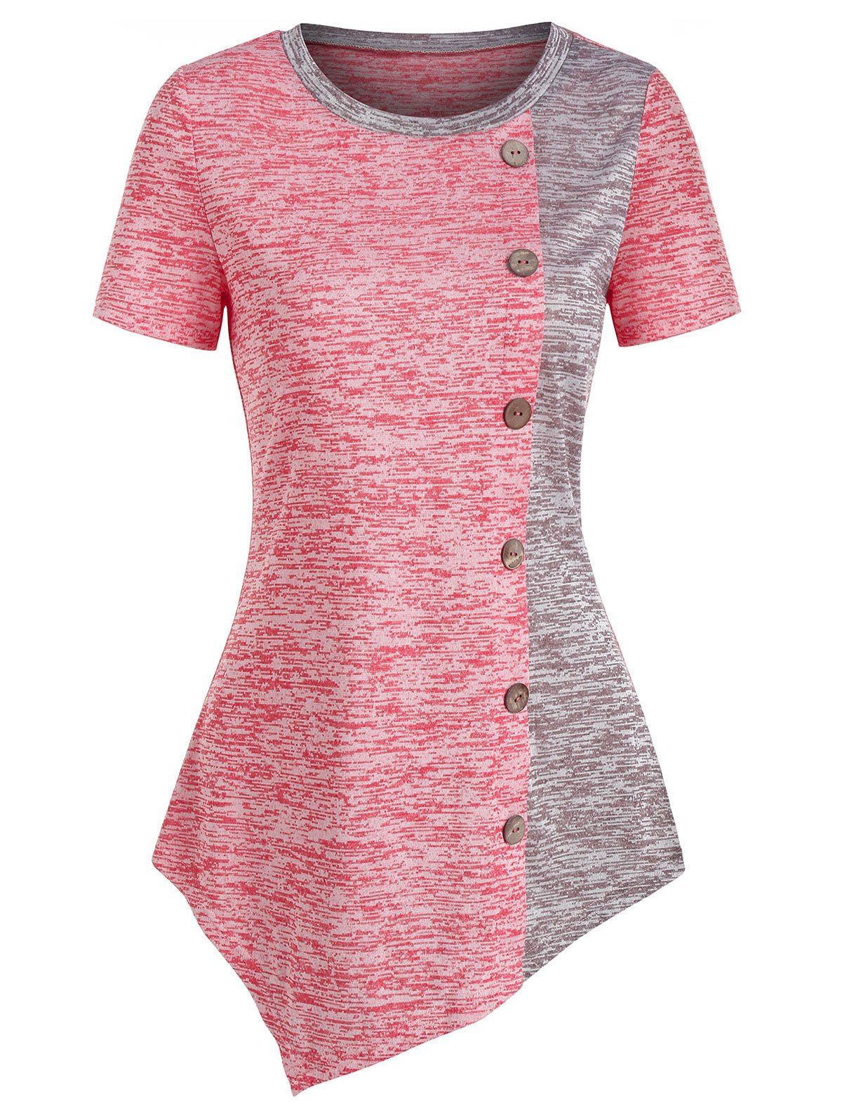 

Two Tone Space Dye Button Asymmetrical Tee, Light pink