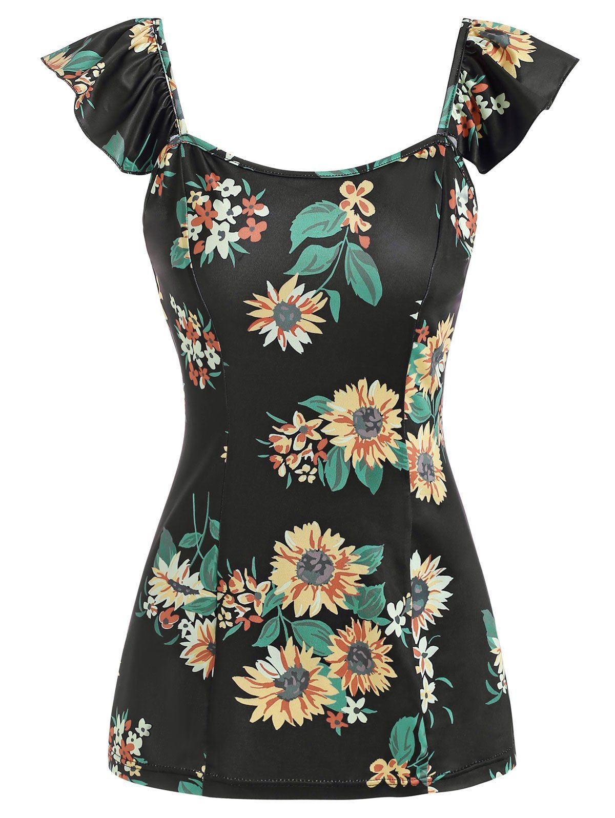 

Sunflower Print Scoop Neck Tank Top, Black