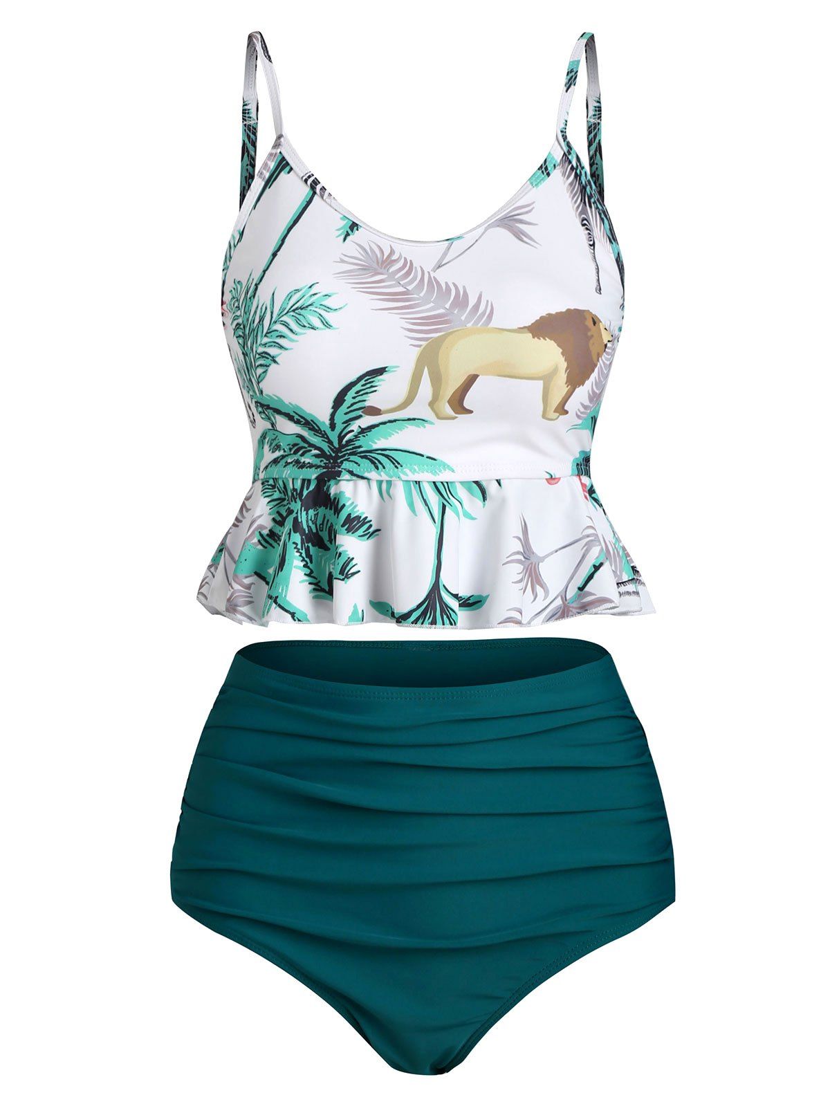 

Leaf Animal Print Peplum Tummy Control Tankini Swimwear, Blue ivy