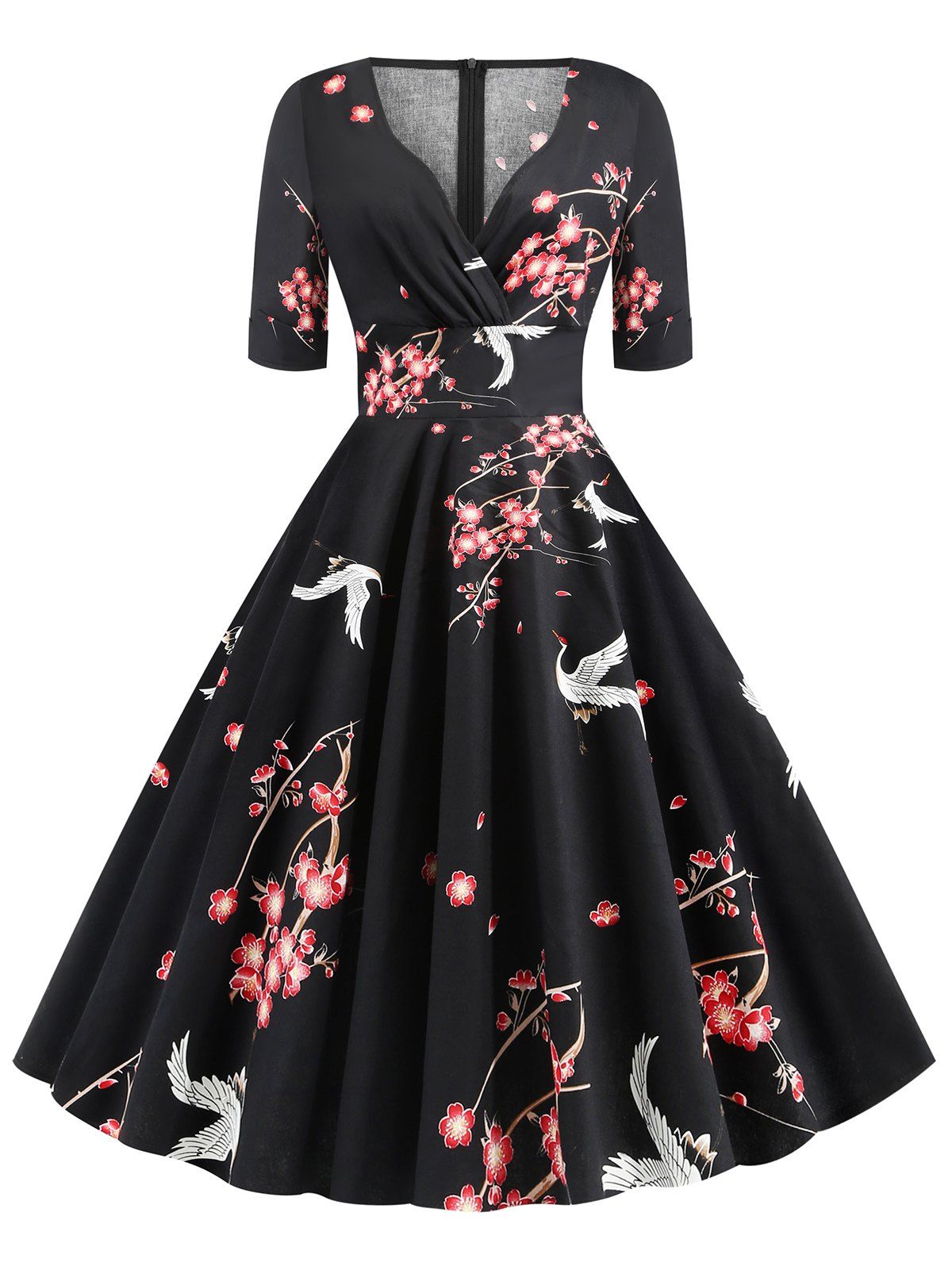 

Floral Crane Print Cuffed Sleeves Flare Dress, Black