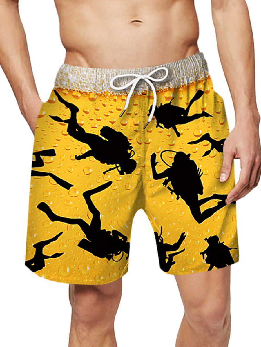 

Character Print Drawstring Board Shorts, Rubber ducky yellow