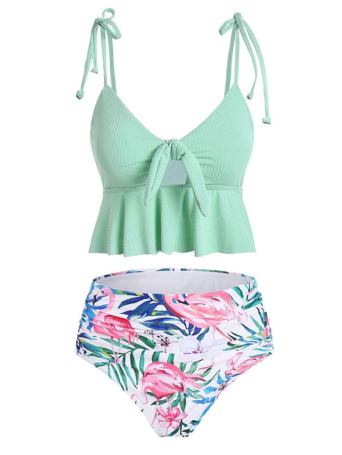

Tie Floral Leaf Flamingo Print Ruffle Tankini Swimsuit, Light aquamarine