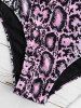 Maillot de Bain Bikini à Imprimé Serpent à Epaule Nouée de Grande Taille en Treillis - Rose  5X