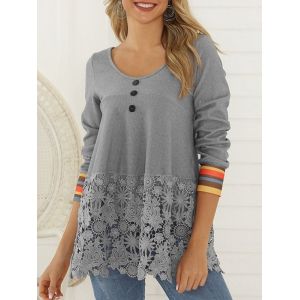 

Flower Lace Panel Mock Button Striped T-shirt, Ash gray