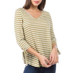 

Striped Print Curved Hem Knotted Sleeve T-shirt, Khaki