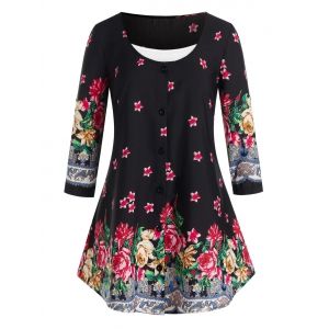 

Plus Size Flower Pattern Button Blouse and Cami Tank Top, Black