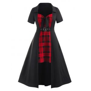 

Plus Size Bowknot Plaid Splicing Asymmetric Dress, Black