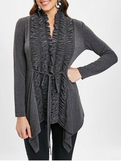 Ruched Tie Front Draped Cardigan - ASH GRAY - S