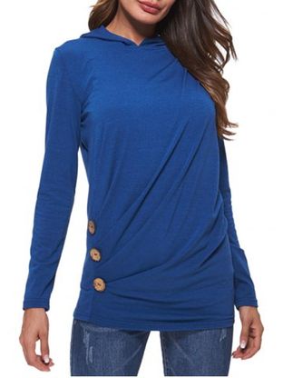 Button Ruched Hooded Long Sleeve T-shirt