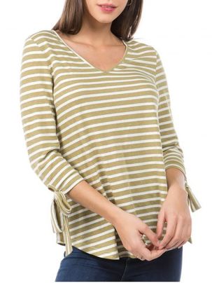 Striped Print Curved Hem Knotted Sleeve T-shirt