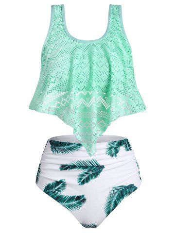 Perforated Founce Leaf Print Ruched Tankini Swimsuit - LIGHT AQUAMARINE - S