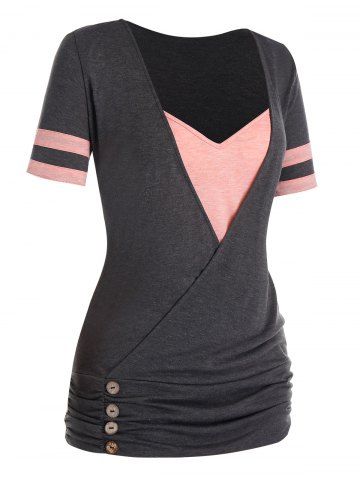 

Plus Size Ruched Colorblock Surplice T Shirt, Carbon gray
