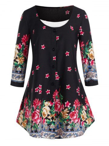 Plus Size Flower Pattern Button Blouse and Cami Tank Top - BLACK - 4X