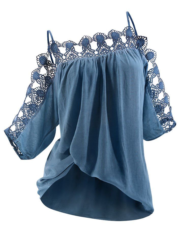 

Lace Panel Three Quarter Sleeves Cami Blouse, Blue koi
