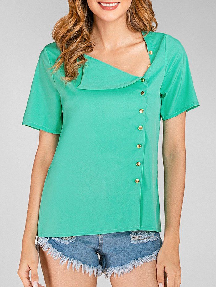 

Skew Neck Short Sleeves Solid Blouse, Light green