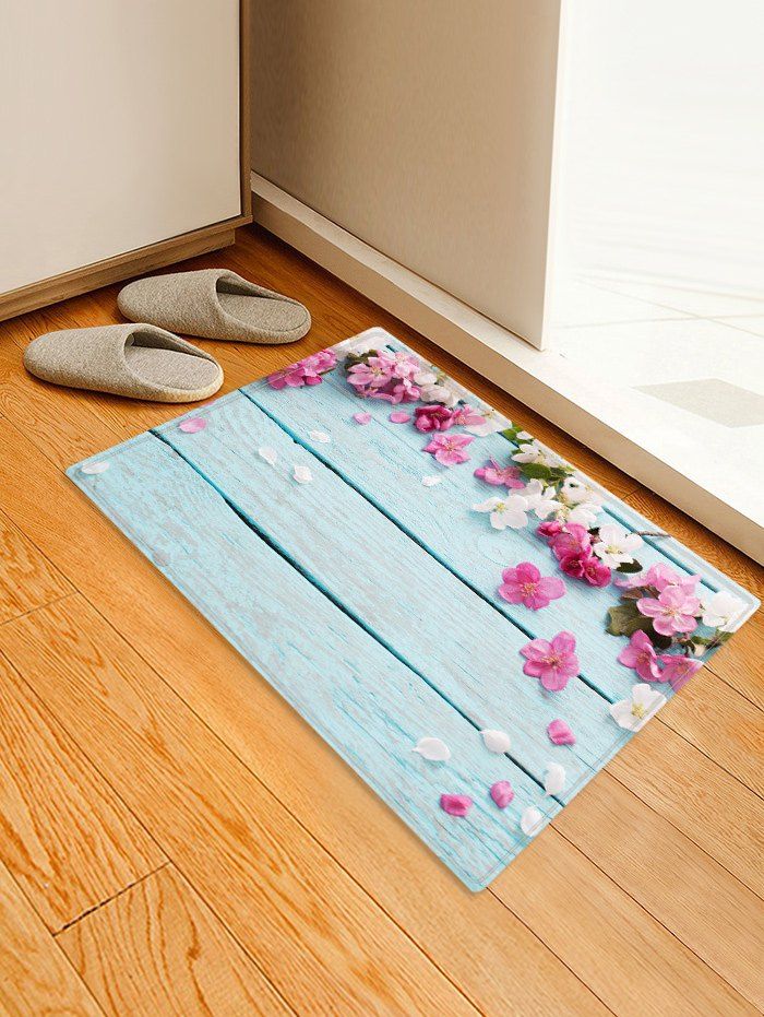 

Flowers Wooden Board Patterned Water Absorption Area Rug, Multi