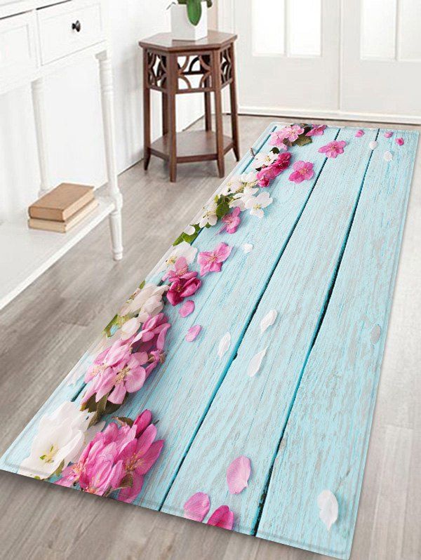 

Flowers Wooden Board Patterned Water Absorption Area Rug, Multi