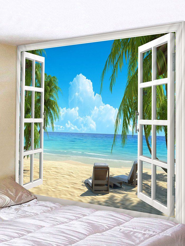 

3D Window Beach Print Tapestry Wall Hanging Art Decoration, Multi