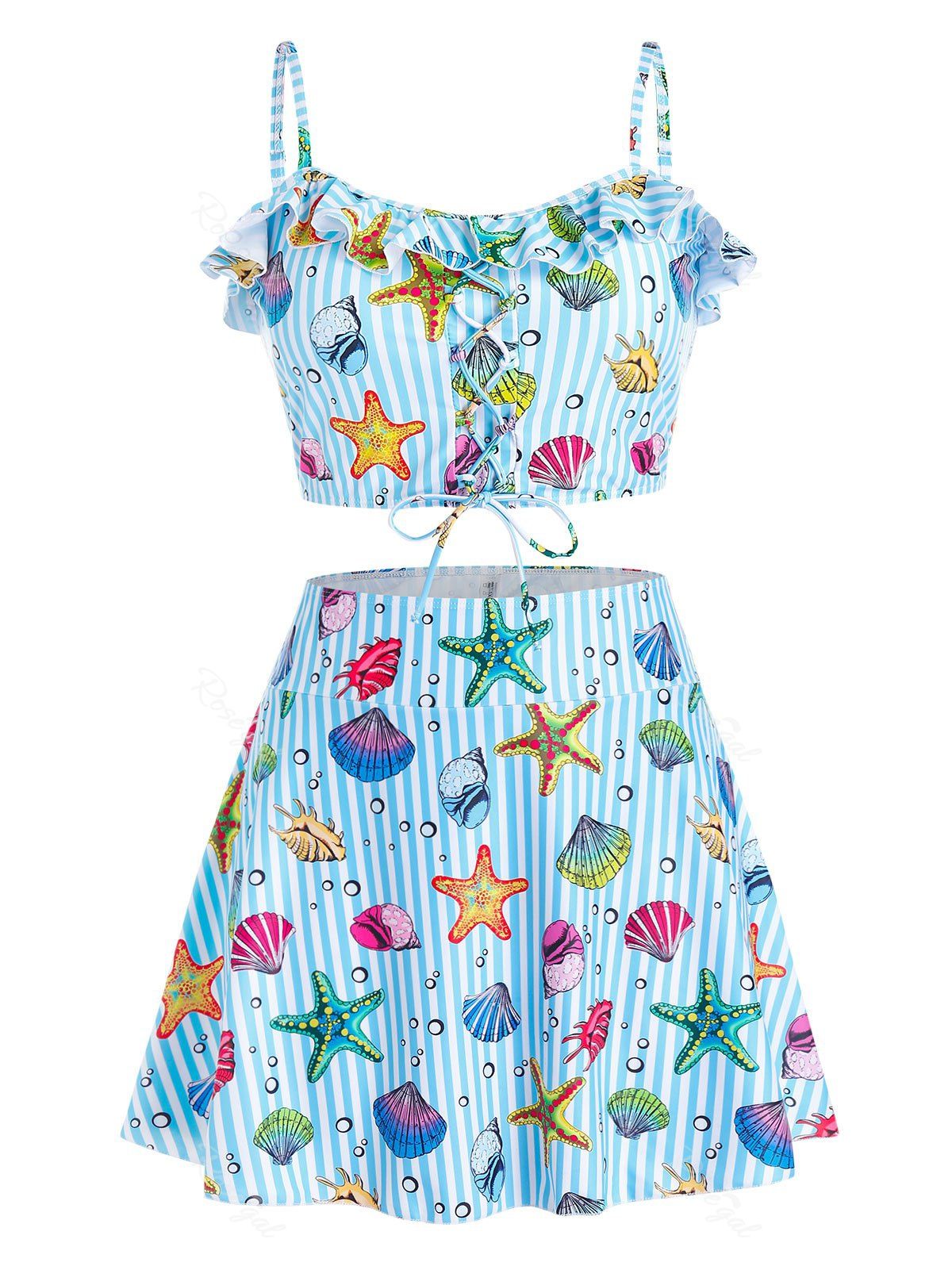 

Plus Size Starfish Shell Lace-Up Tankini Swimsuit, Light sky blue