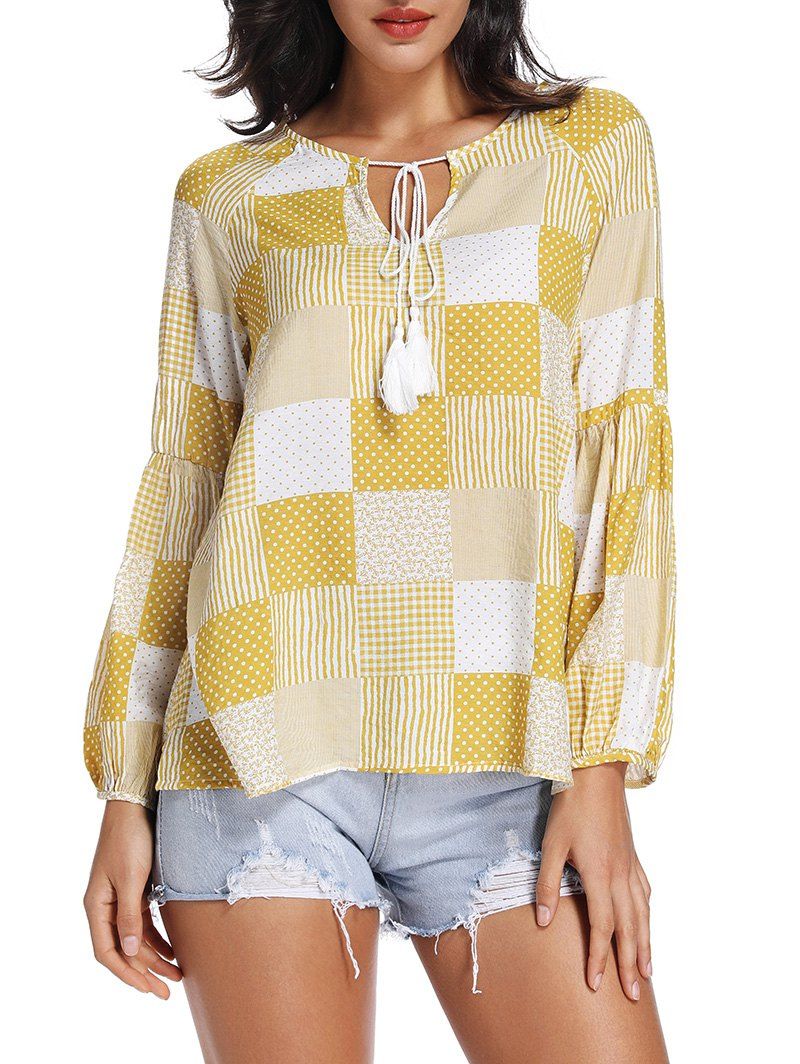 Blouse Imprimée à Glands à Manches Bouffantes Multi-A XL