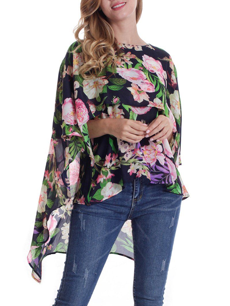 

Flower Print Layered Blouse, Black