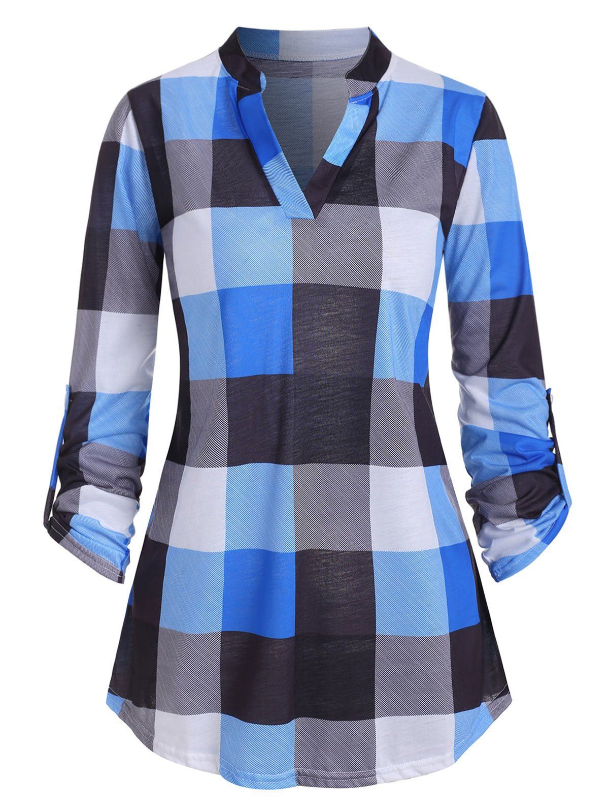 

Plaid V Neck Roll Tab Sleeves T-shirt, Blue