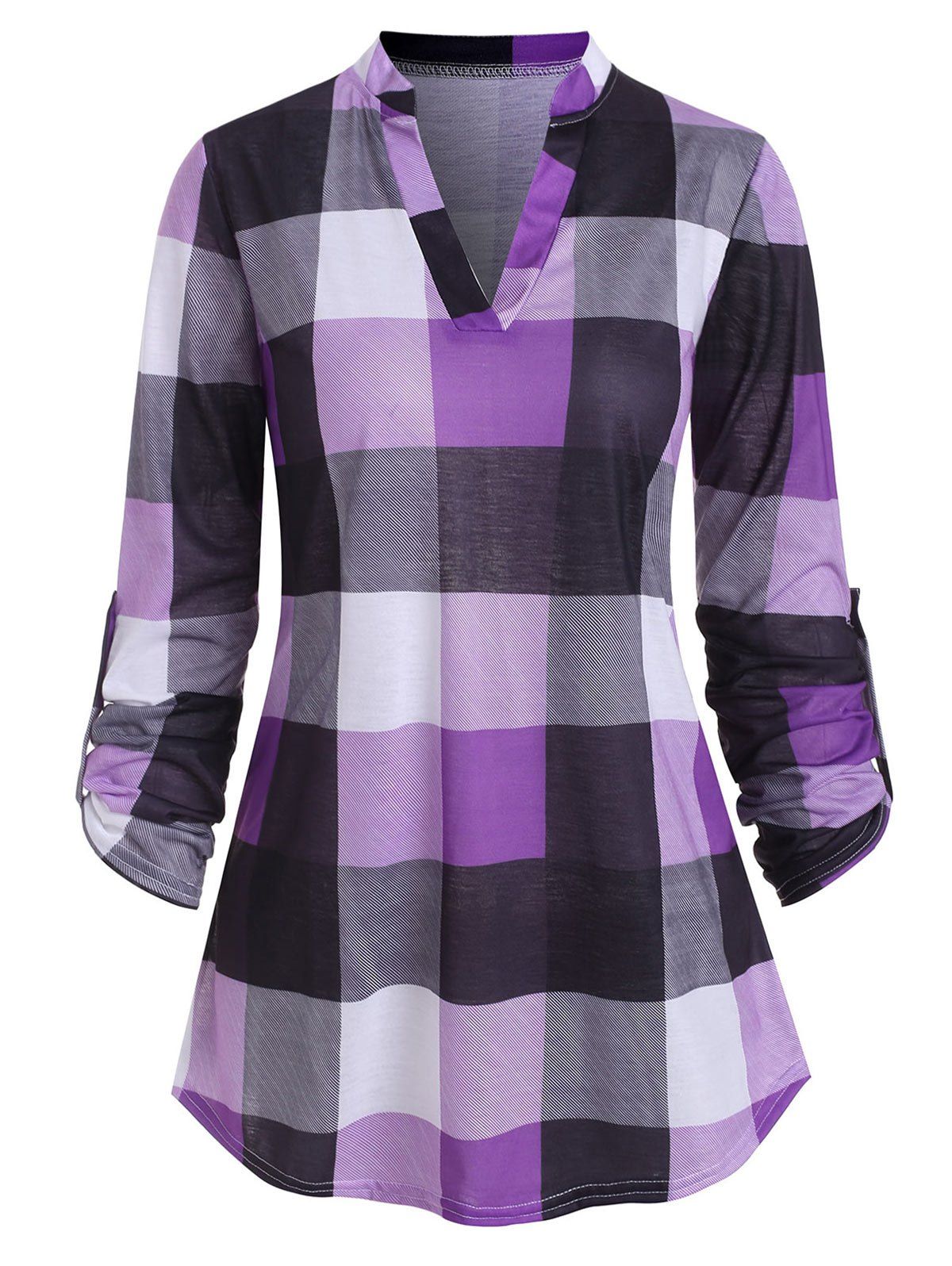 

Plaid V Neck Roll Tab Sleeves T-shirt, Purple