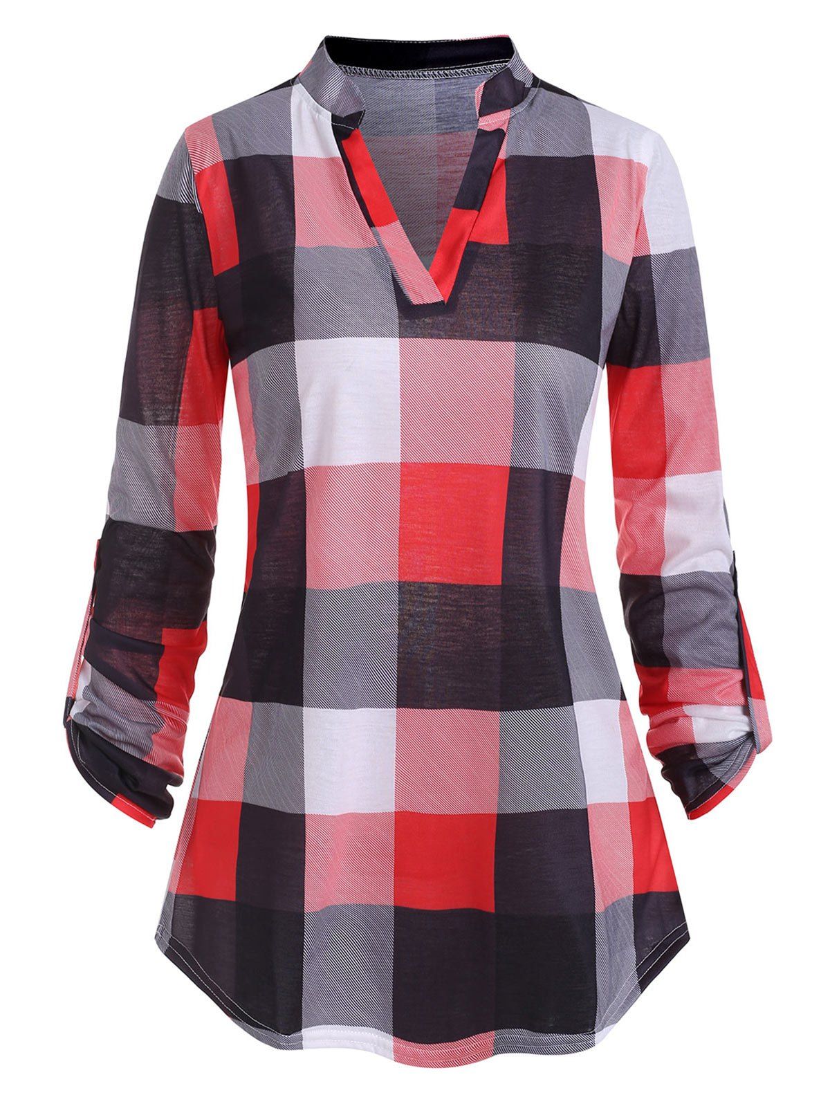 

Plaid V Neck Roll Tab Sleeves T-shirt, Red