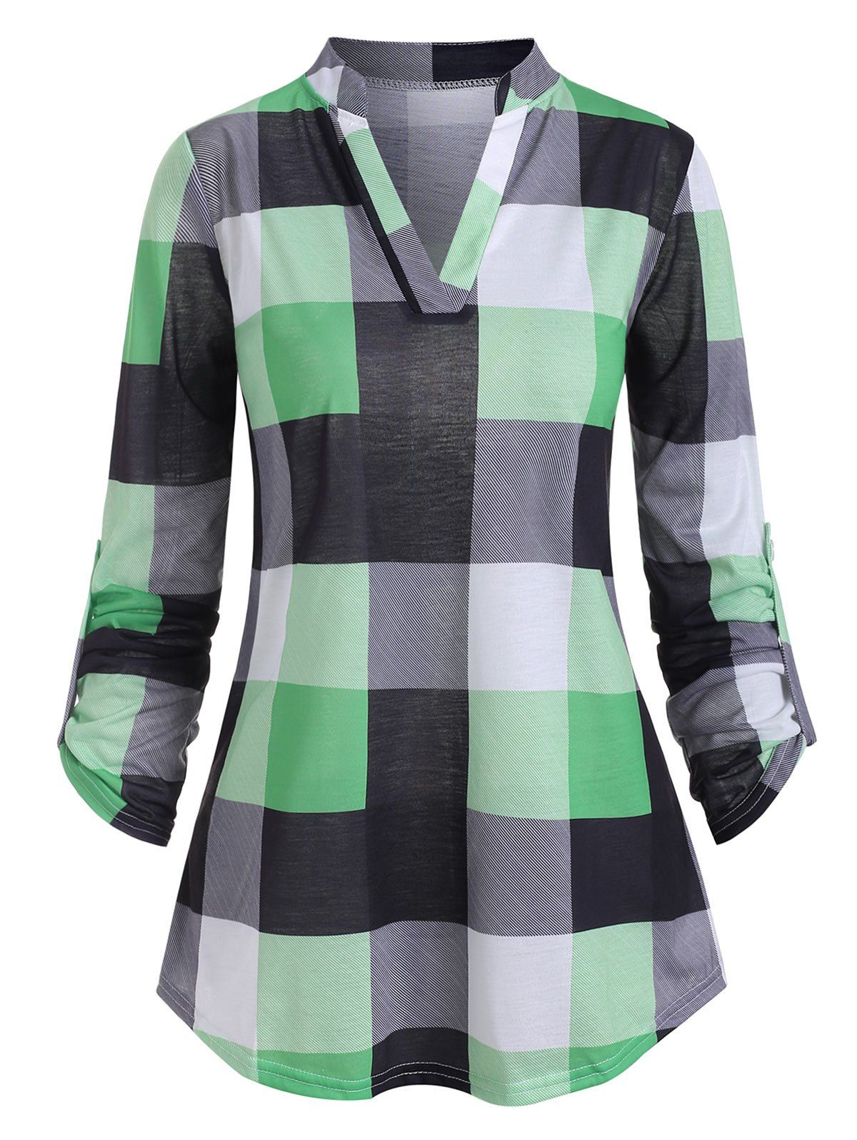 

Plaid V Neck Roll Tab Sleeves T-shirt, Green