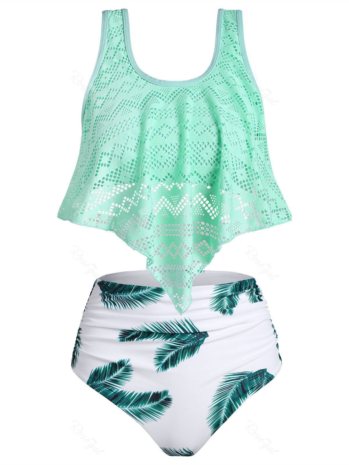 

Perforated Founce Leaf Print Ruched Tankini Swimsuit, Light aquamarine