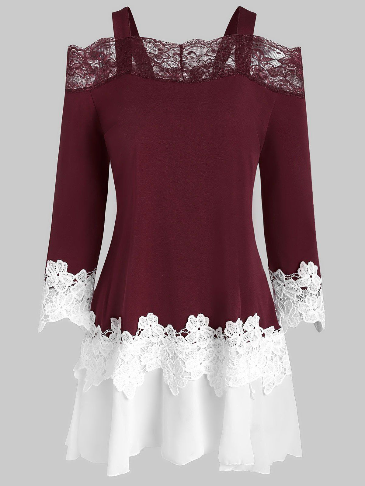 

Lace Insert Open Shoulder Flower Guipure T-shirt, Red wine