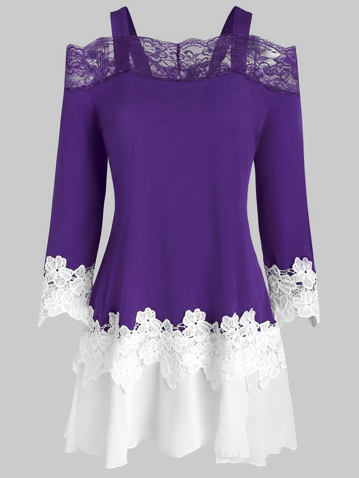 

Lace Insert Open Shoulder Flower Guipure T-shirt, Purple amethyst
