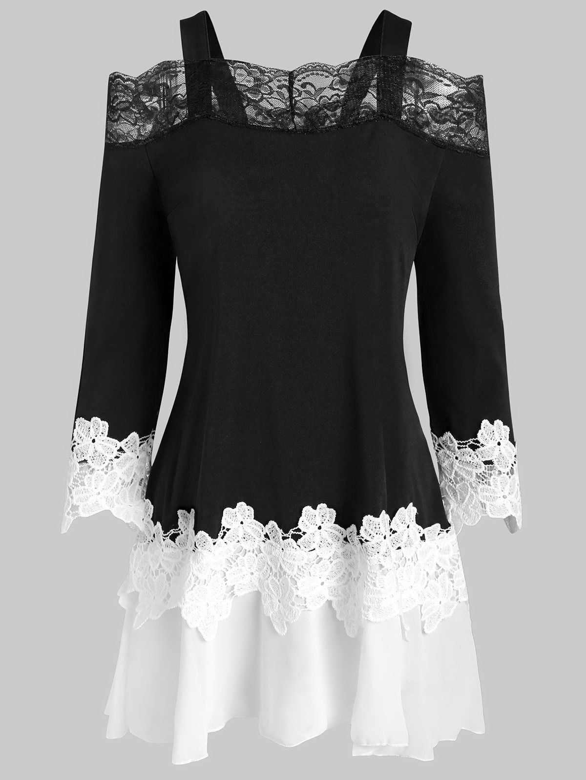 

Lace Insert Open Shoulder Flower Guipure T-shirt, Black