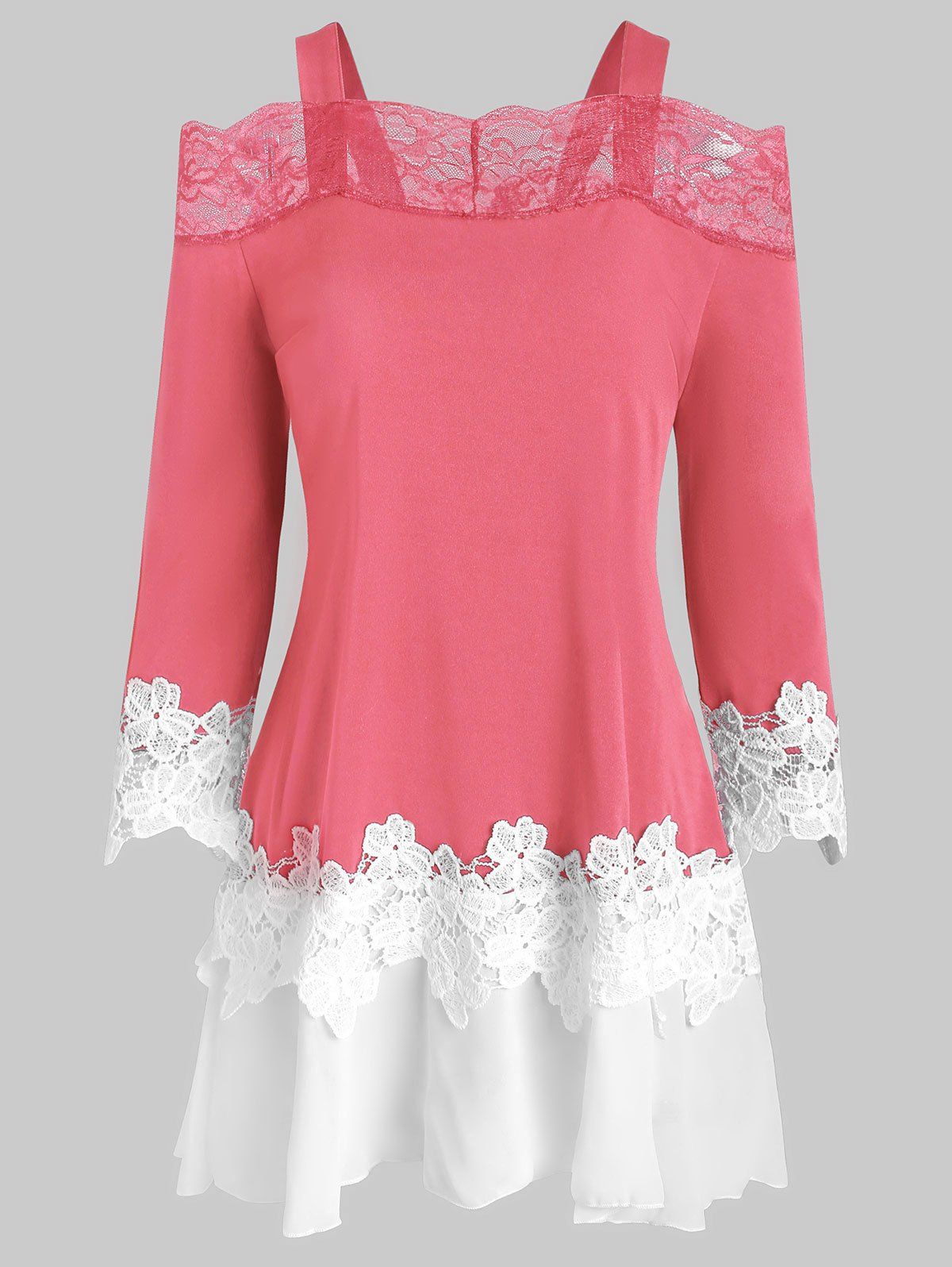 

Lace Insert Open Shoulder Flower Guipure T-shirt, Watermelon pink