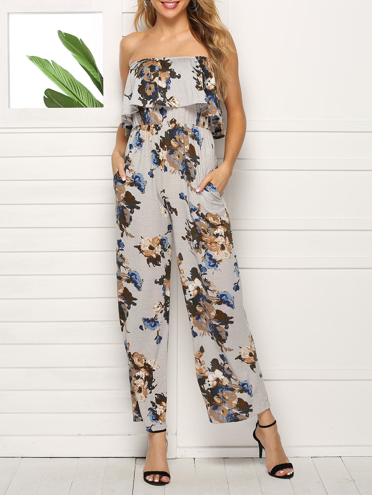 

Strapless Floral Flounce Wide Leg Jumpsuit, Ash gray