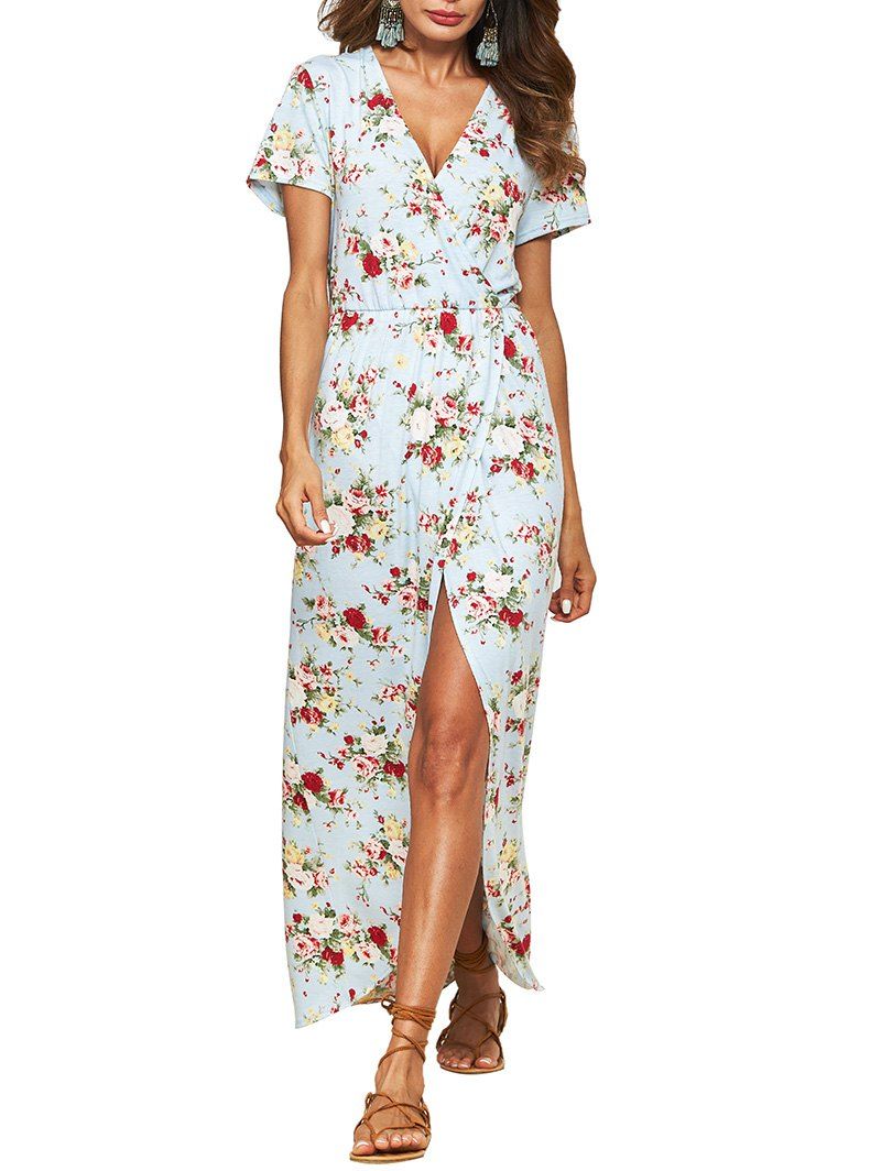 [52% OFF] Floral Low Cut High Slit Maxi Dress | Rosegal