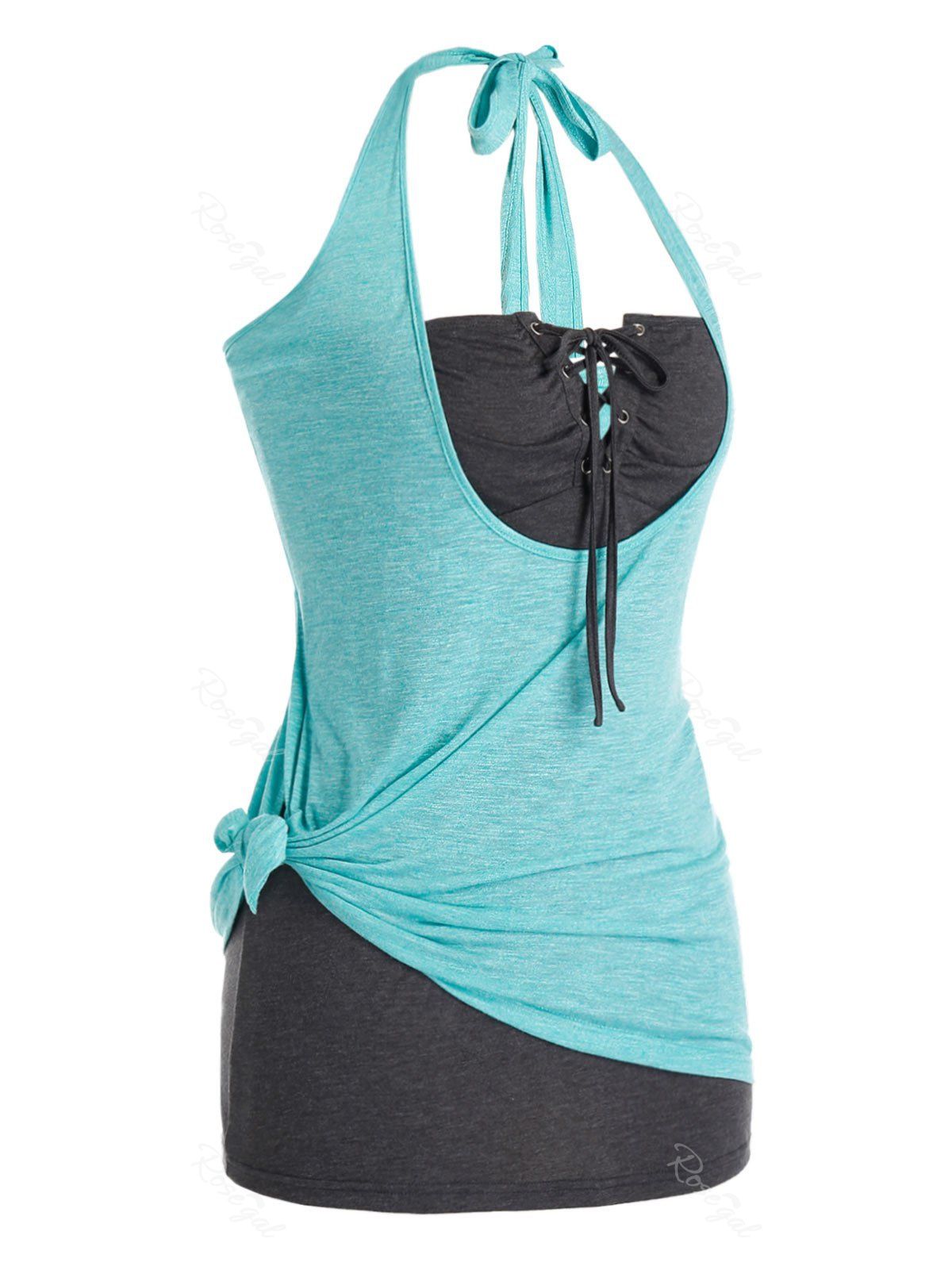 

Plus Size Knotted Halter Top and Lace Up Tube Top Set, Macaw blue green