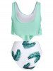 Perforated Founce Leaf Print Ruched Tankini Swimsuit -  