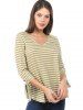 Striped Print Curved Hem Knotted Sleeve T-shirt -  
