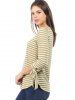 Striped Print Curved Hem Knotted Sleeve T-shirt -  