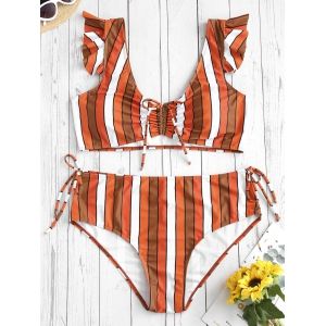 

Plus Size Cinched Ruffled Striped Bikini Set, Papaya orange