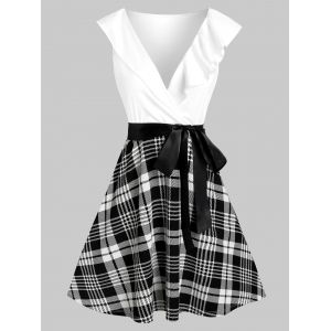 

Plaid Print Plunge Neck Belted Dress, White