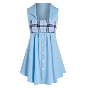 

Plus Size Button Plaid Splicing Tank Top, Light sky blue